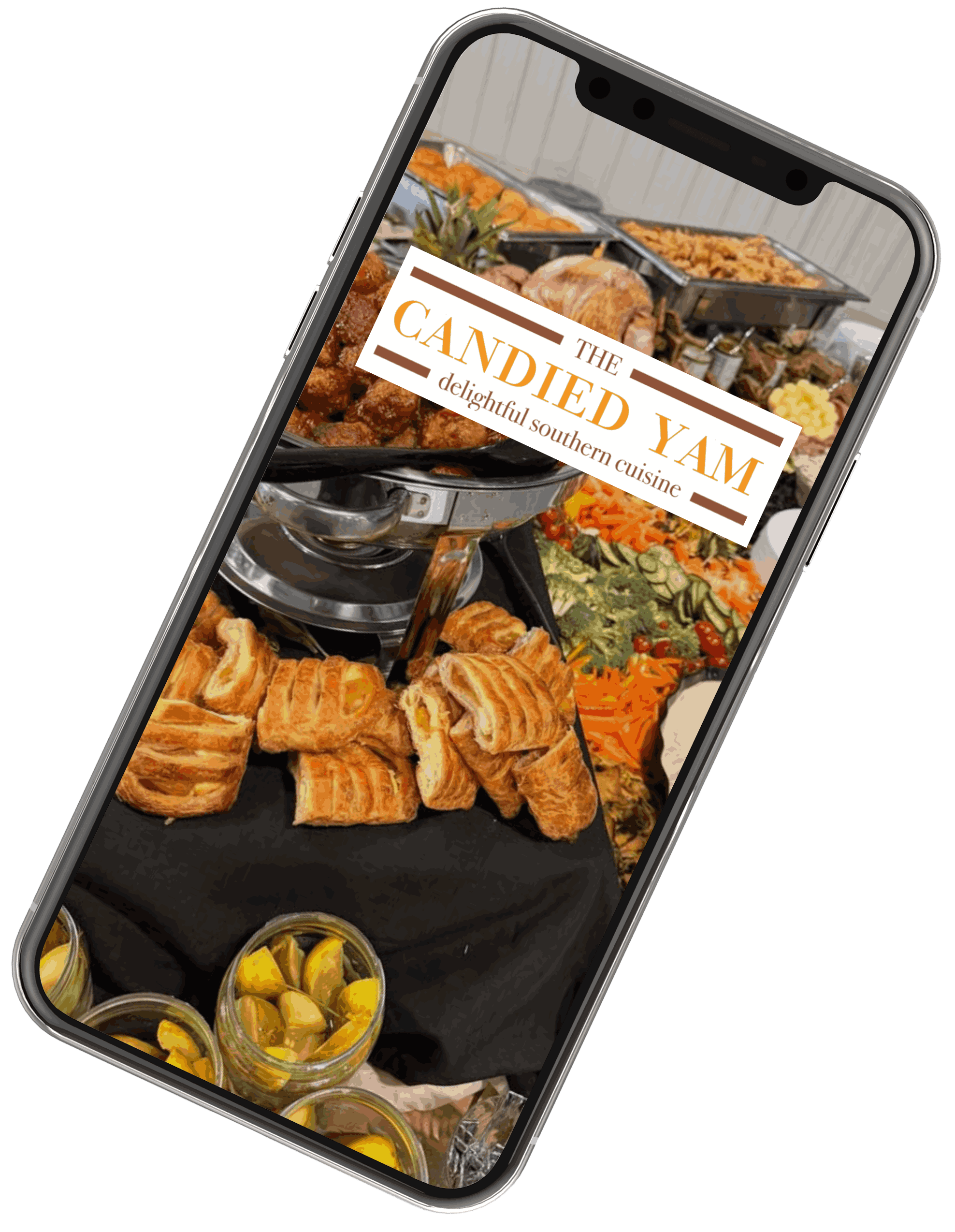 The Candied Yam mobile ordering app shown on a phone